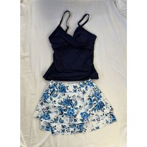 Women's Yoniqui Tankini & Swim Skirt Set, Blue/White, Size Large, Flowers